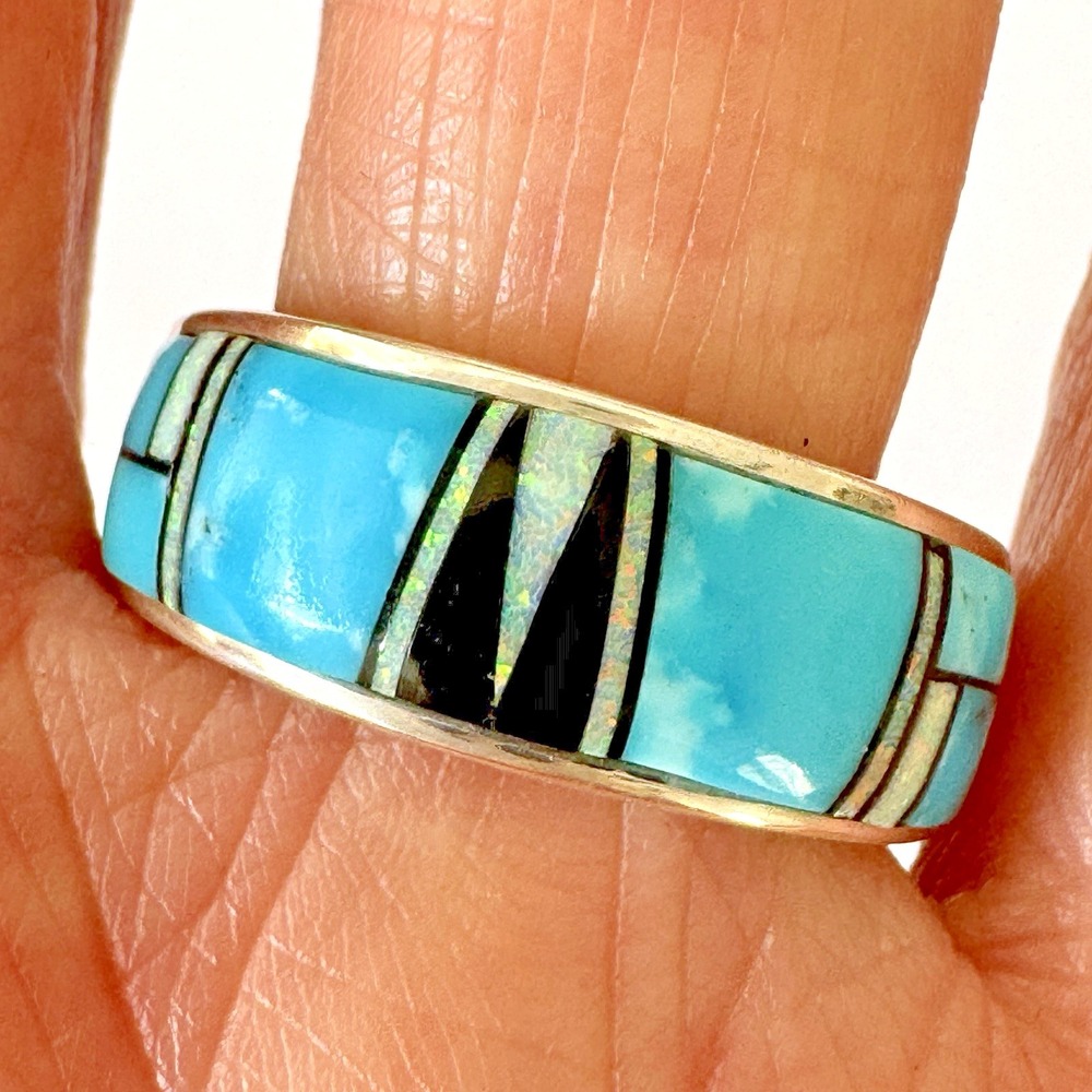 Mens Navajo Wedding Band Sz 10.25 Turquoise Opal Inlay 9mm Ring Unsigned Tolino